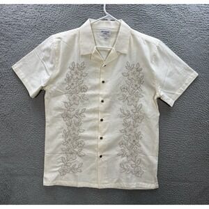 Precedent Shirt Adult Medium Tan Linen Blend Camp Embroidered Floral Wedding NEW